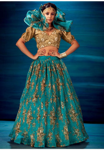 Organza crush - Trendy ocean sea blue floral Lehenga
