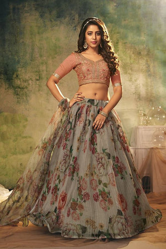 Organza crush Lehenga - Trendy floral grey