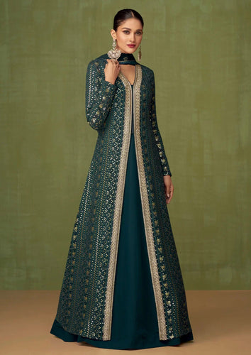Bottle green embroidered readymade gown