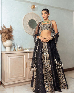 Black and gold Silk Lehenga