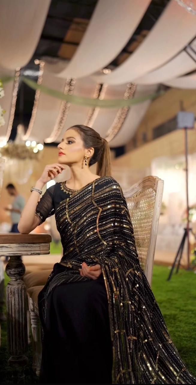 Black double sequins partywear saree