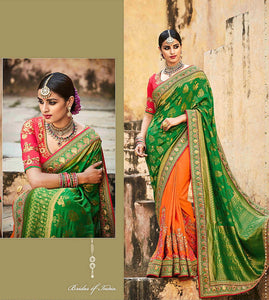 Green And Orange Color Embroidered Saree In Silk And Jacquard Fabric
