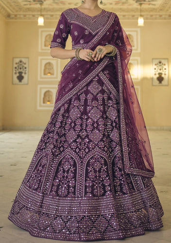 Glossy catalogue: Wine mirror work lehenga