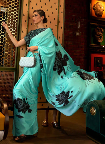 Printed Japan crepe saree - Green floral