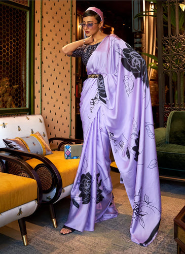 Printed Japan crepe saree - Lavender floral