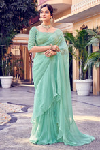 Mint green ruffle saree in organza