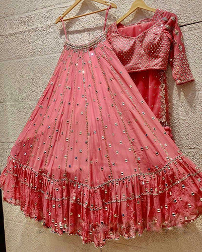 Coral pink ruffles Lehenga
