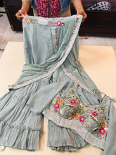 Sharara style saree with floral embellished blouse readymade - icy blue and yellow