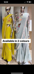 Sharara style saree with floral embellished blouse readymade - icy blue and yellow