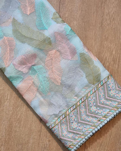 Colourful pastel feather saree with Lucknowi border