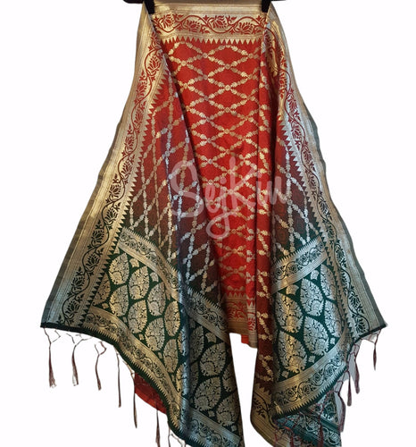 Shaded red to emerald green banarasi dupatta