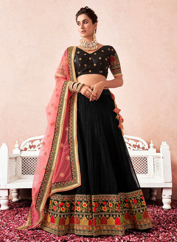 Black multi coloured thread Lehenga