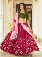 Deep pink and olive green Lehenga