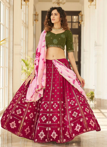 Deep pink and olive green Lehenga