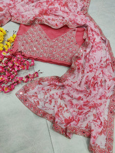 Bollywood style - pink Mirror work floral saree