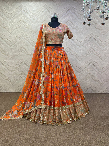Bright orange Lehenga - Floral and bird digital print Lehenga