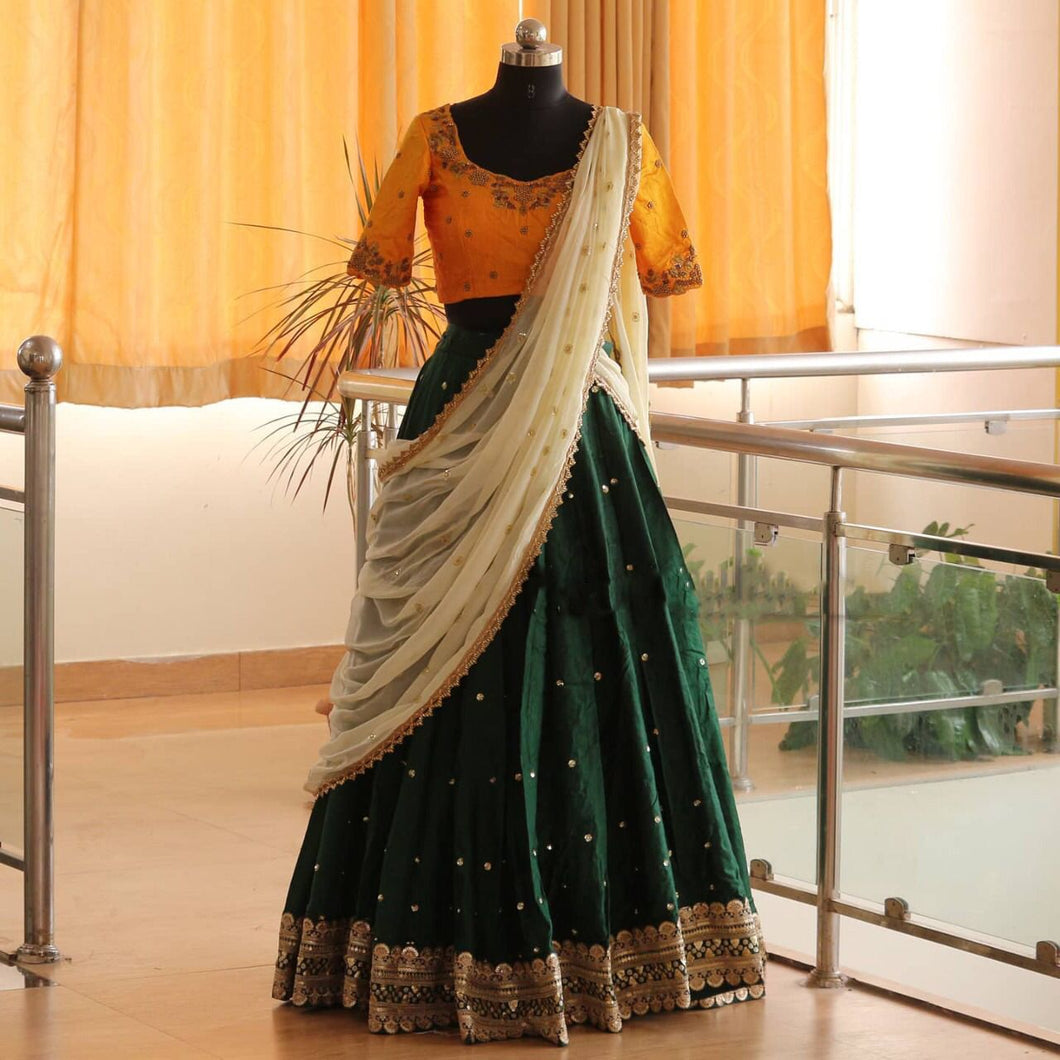 Bottle green Lehenga with yellow