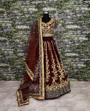 Maroon and gold floral silk Lehenga