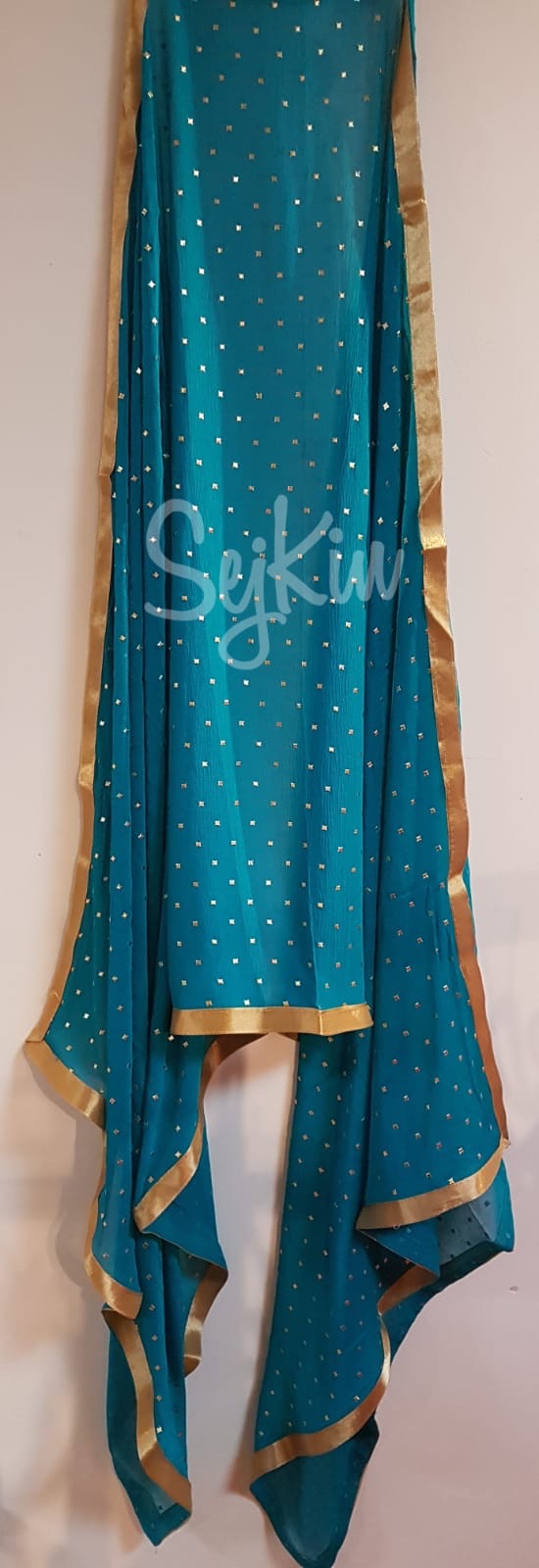 Teal blue dots chiffon dupatta