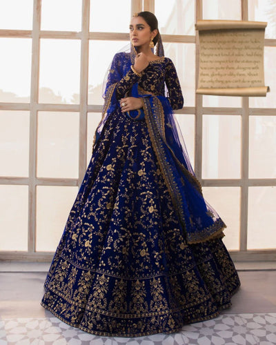 Royal blue velvet embroidered Lehenga