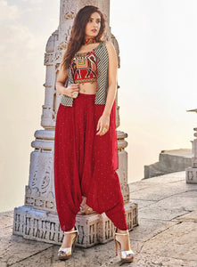 Indo western - Red trendy dhoti style with jacket
