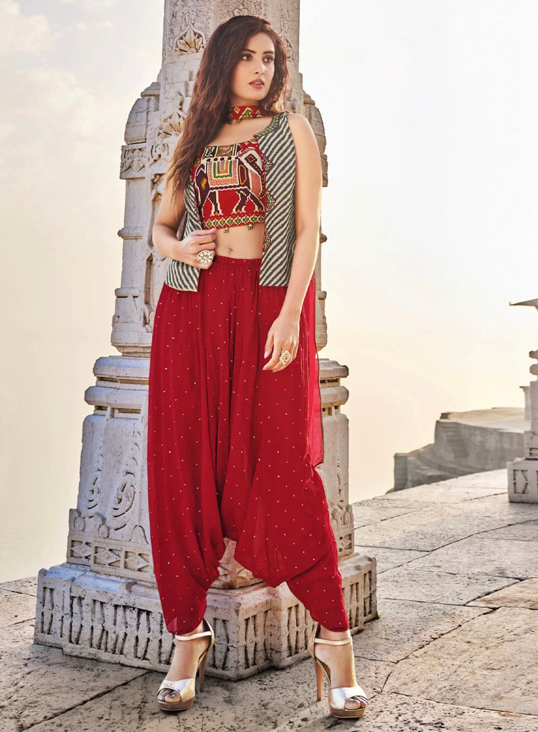 Indo western - Red trendy dhoti style with jacket