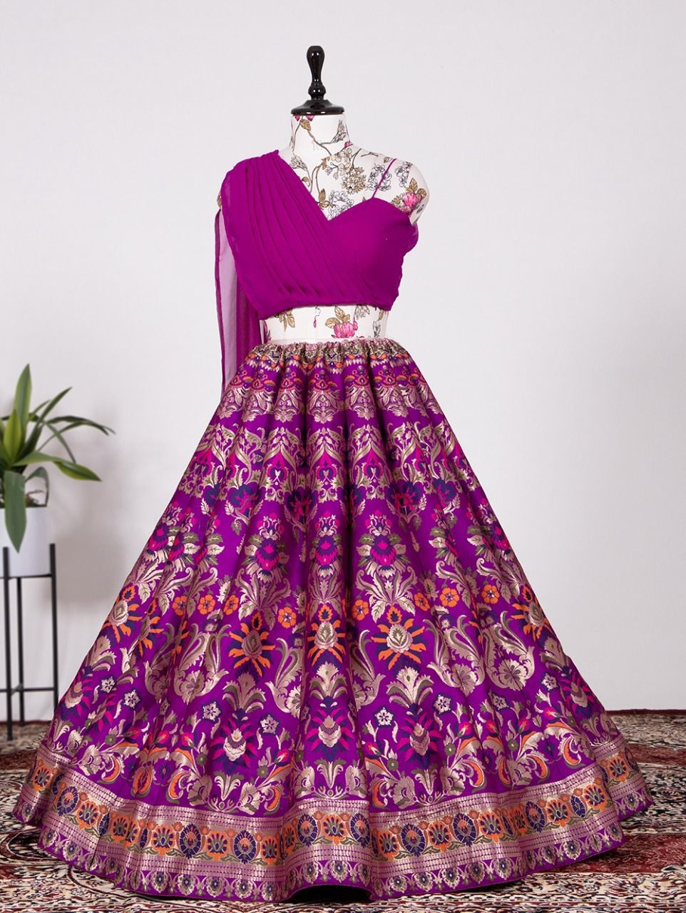 Indo western: magenta sweetheart banarasi Lehenga