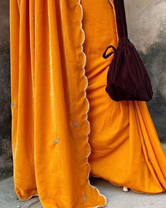 Yellow velvet saree with dupatta