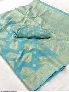 Chikankari work Lucknowi saree - aqua blue