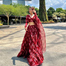Red floral tiered Lehenga