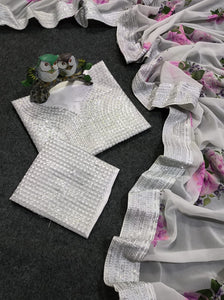 White and silver floral saree