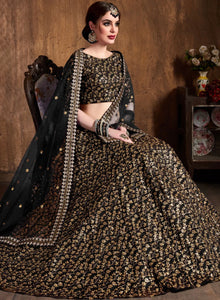 Sabyasachi inspired black floral raw silk Lehenga