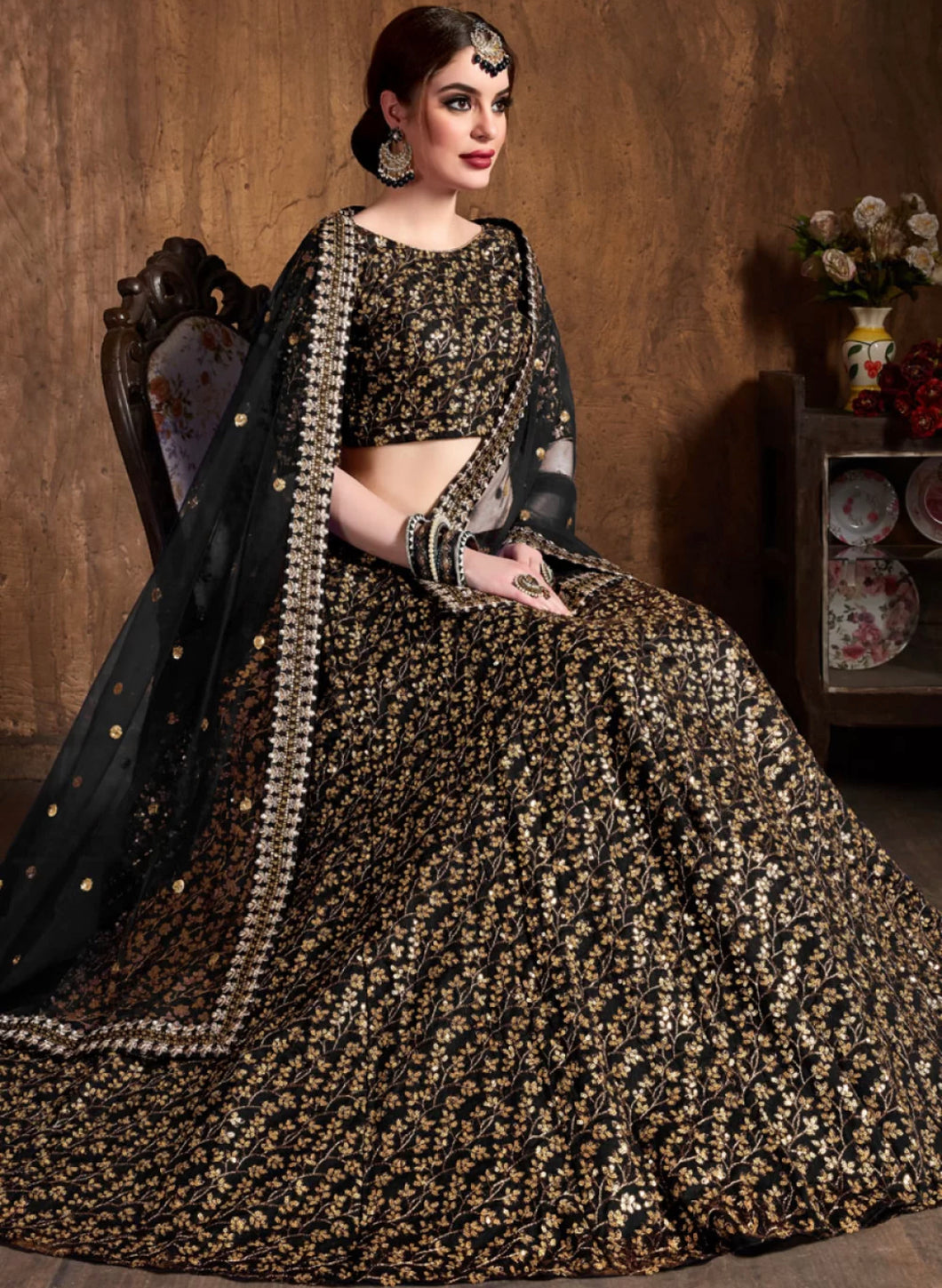 Sabyasachi inspired black floral raw silk Lehenga