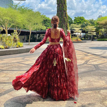 Red floral tiered Lehenga