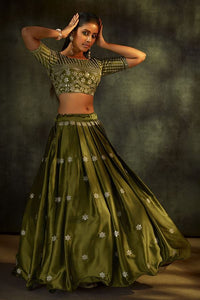 Trendy Olive green satin silk designer Lehenga