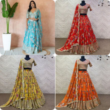 Sea blue - Floral and bird digital print Lehenga