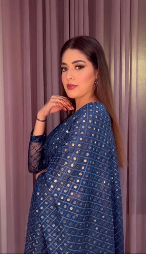 Navy blue partywear chine sequins saree