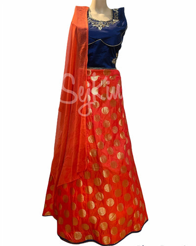Orange polka and navy blue lehenga set