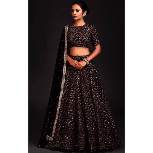 Sabyasachi inspired black floral raw silk Lehenga