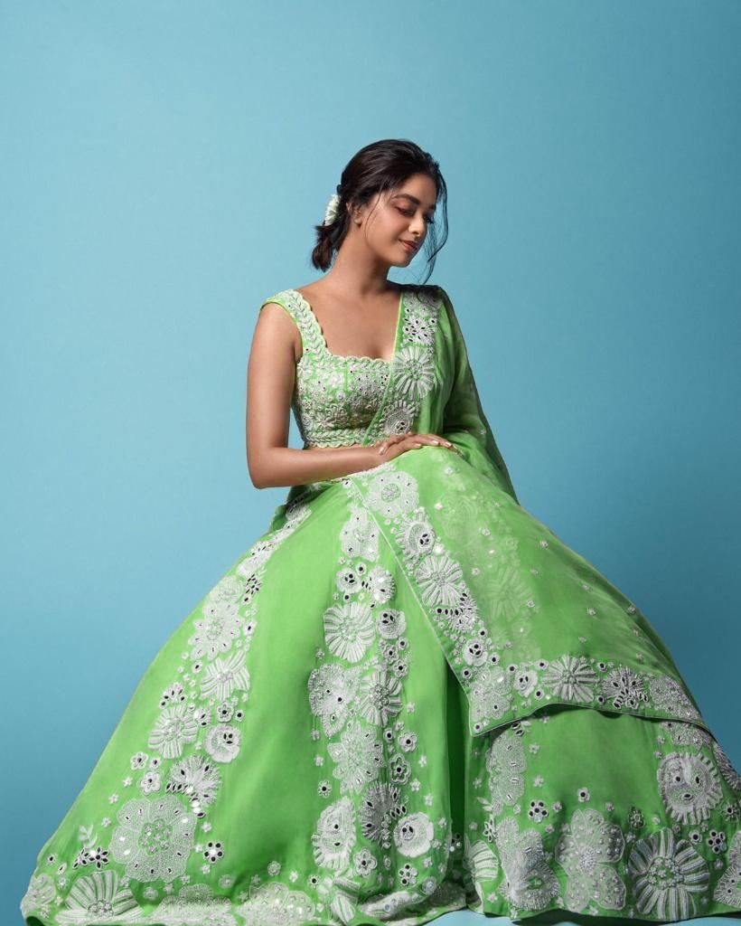 Chinnon silk green and white floral Lehenga