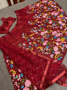 Deep red floral and sequins Lehenga