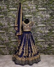 Navy blue and gold floral silk Lehenga
