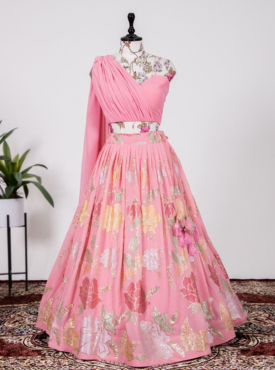 Indo western: Readymade floral stitched sweetheart Lehengas