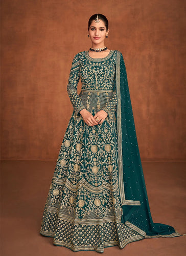 Georgette embroidered anarkali - rama green