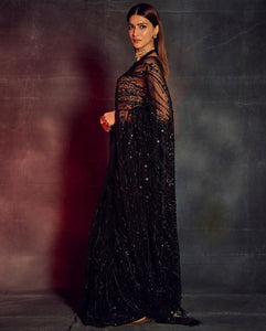 Partywear black net saree with sequins