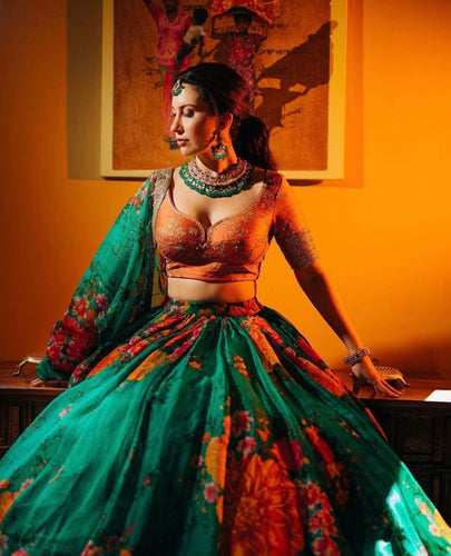Sabyasachi inspired floral lehengas - green and orange