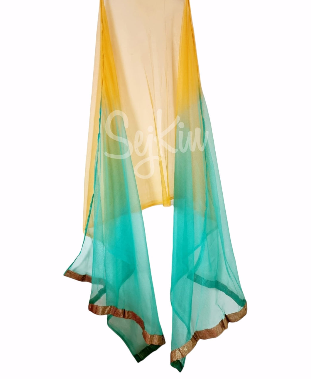 Shaded yellow to teal green net dupatta