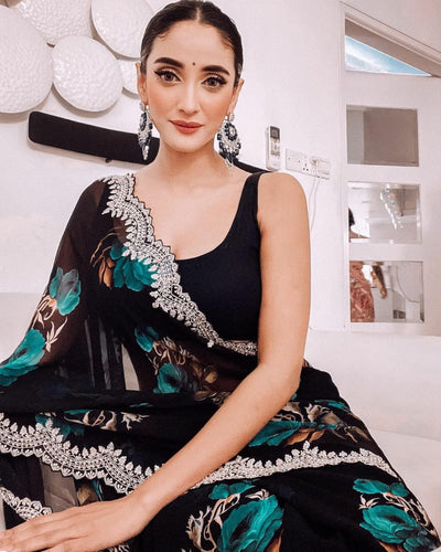 Black floral satin silk with stitched blouse