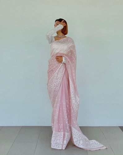 Celebrity style organza silk baby pink saree