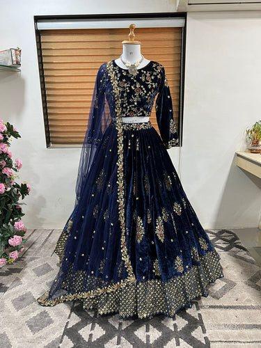 Velvet Lehenga in blue